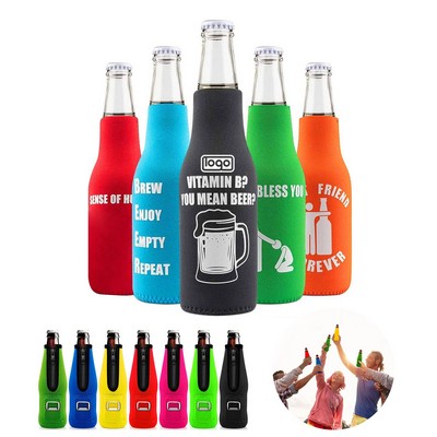 Neoprene Bottle Zipper Cooler Sleeve w/ Opener